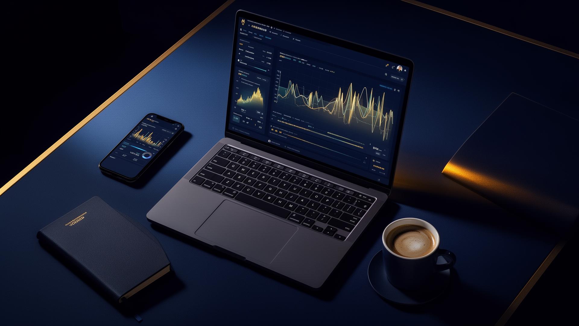 Modern desk with laptop showing live analytics dashboard